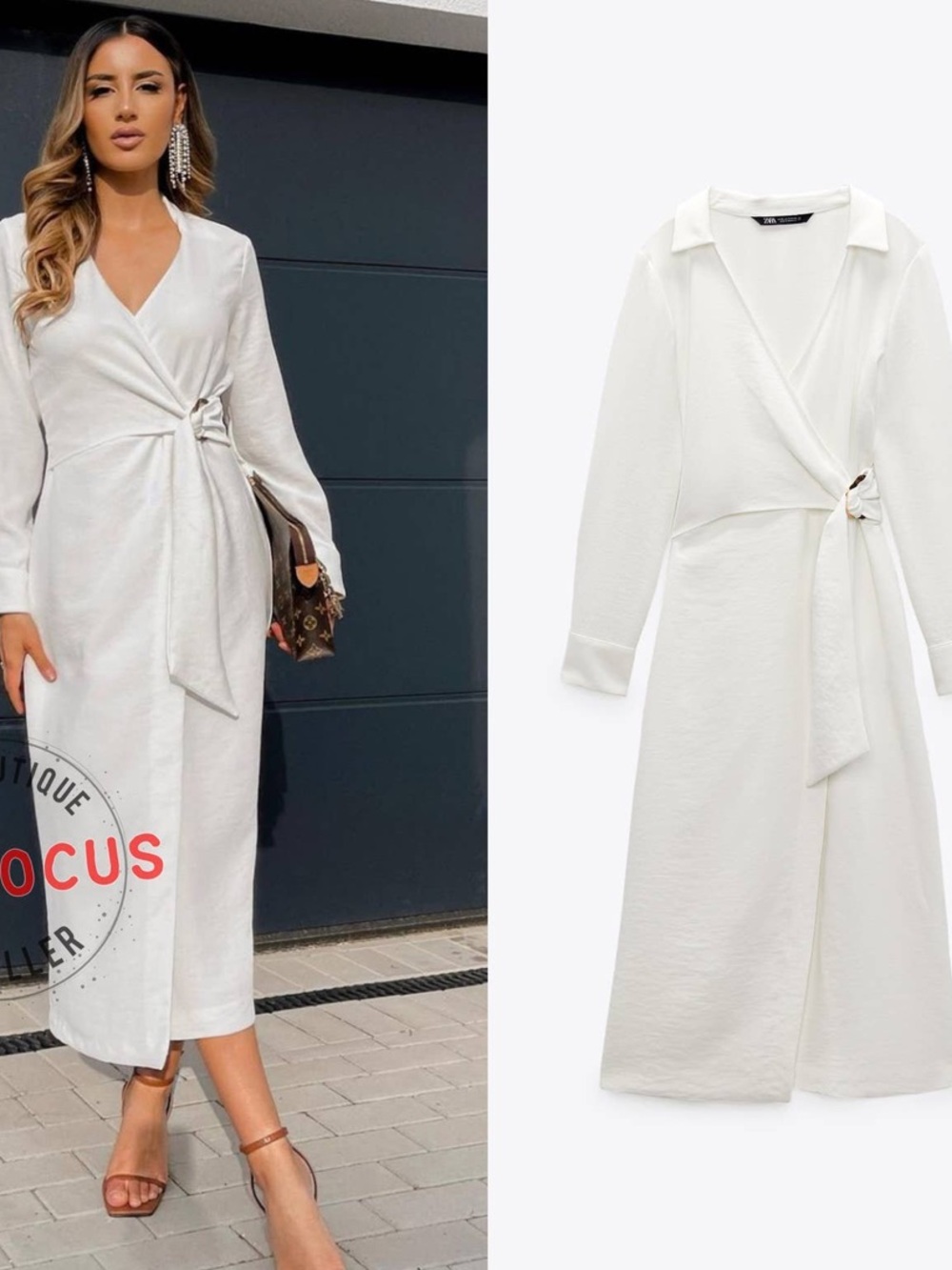 ZARA Lapel Collar Wrap Effect Gold Tone Hardware Tortoise Buckle Midi Dress $69.